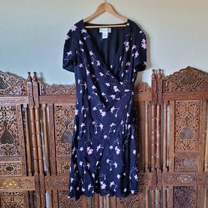 Vintage Y2K Deep Surpluce Ruffle Flutter Dress - Black with Baby Pink Flowers